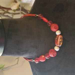 Red Plastic Beaded and Suede Necklace